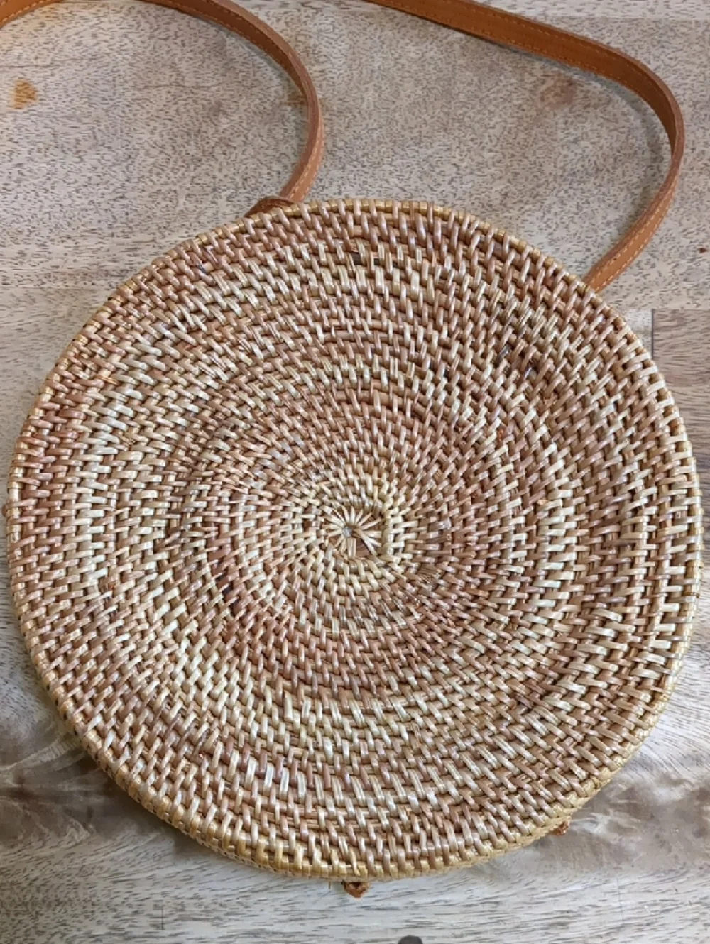 Woven Round Crossbody Bag in Natural Tan - Picture 2 of 11